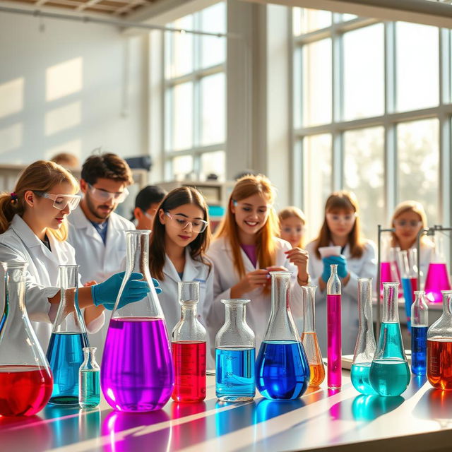 A beautiful and inspiring chemistry laboratory scene featuring high school students engaged in experiments