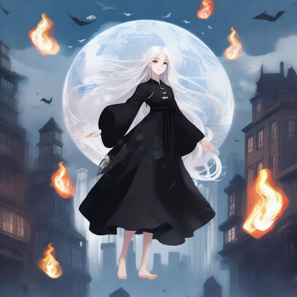 A high-quality digital art piece featuring a white, long-haired girl dressed in a black outfit, floating in mid-air