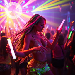 A beautiful and stunning girl dancing energetically at a rave, surrounded by vibrant neon lights and colorful visuals