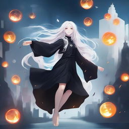 A high-quality digital art piece featuring a white, long-haired girl dressed in a black outfit, floating in mid-air