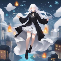 A high-quality digital art piece featuring a white, long-haired girl dressed in a black outfit, floating in mid-air