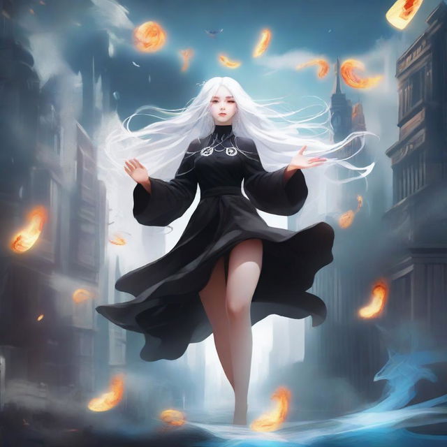 A high-quality digital art piece featuring a white, long-haired girl dressed in a black outfit, floating in mid-air