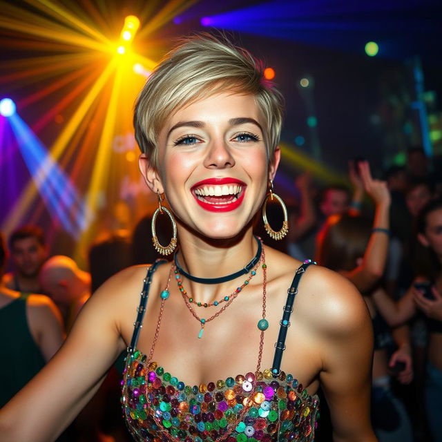 A beautiful and stunning British girl with short hair, energetically enjoying herself at a rave