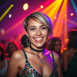A beautiful and stunning British girl with short hair, energetically enjoying herself at a rave