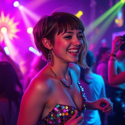 A beautiful and stunning British girl with short hair, energetically enjoying herself at a rave