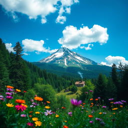 A stunning depiction of Gomis Mta, a mountain in Georgia, surrounded by lush green forests and vibrant wildflowers in the foreground