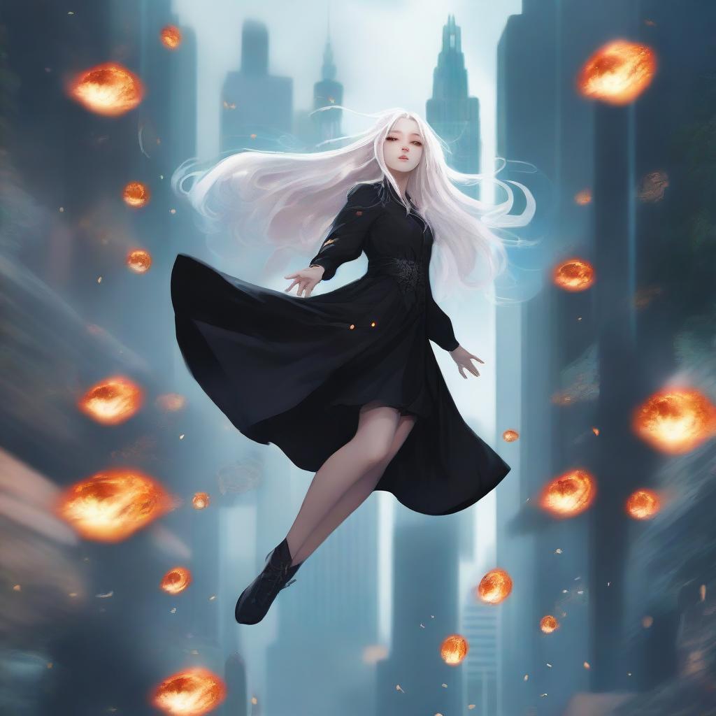 A high-quality digital art image showcasing a white, long-haired girl in a black outfit, floating mid-air