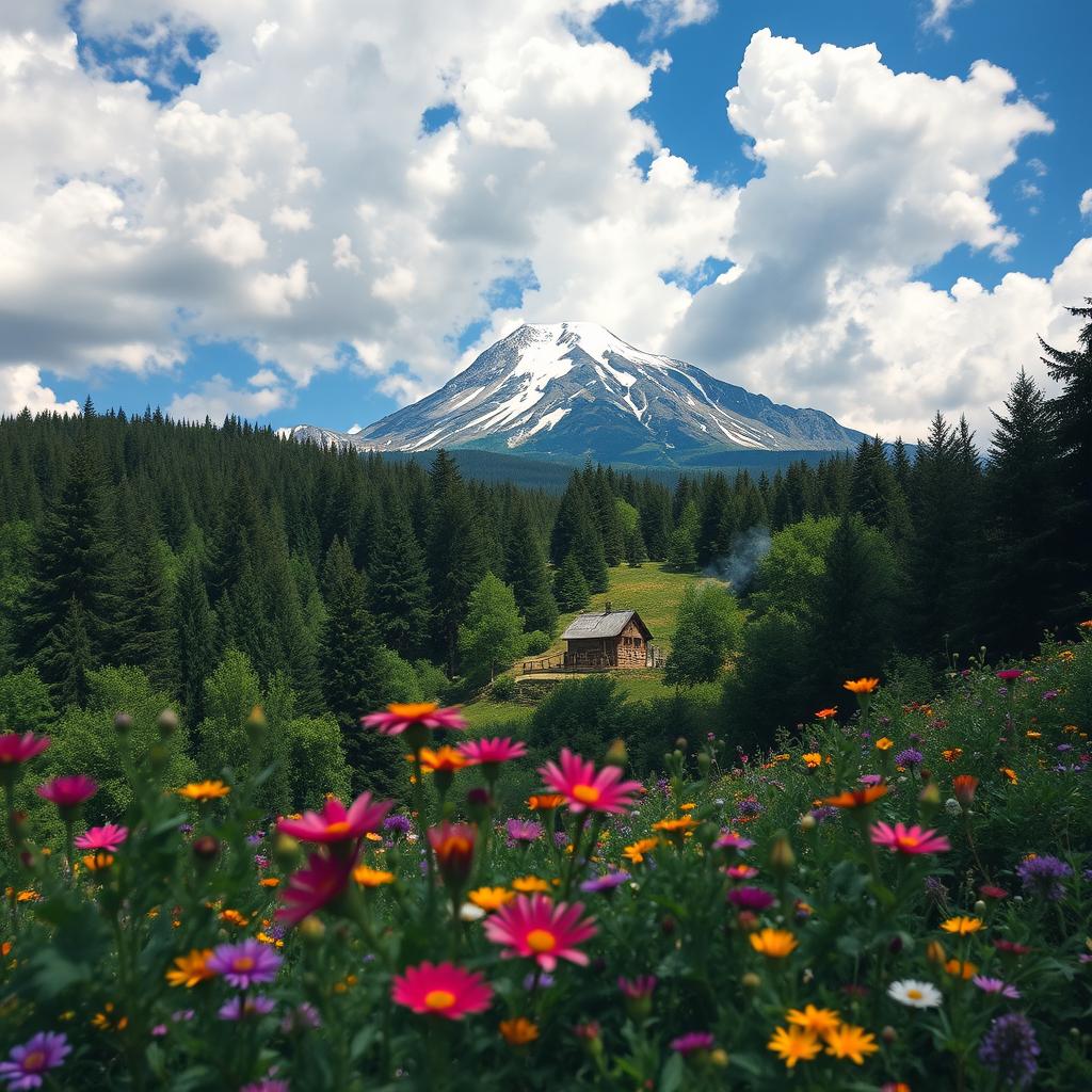 A stunning depiction of Gomis Mta, a mountain in Georgia, surrounded by lush green forests and vibrant wildflowers in the foreground