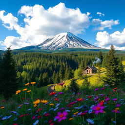 A stunning depiction of Gomis Mta, a mountain in Georgia, surrounded by lush green forests and vibrant wildflowers in the foreground