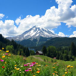 A stunning depiction of Gomis Mta, a mountain in Georgia, surrounded by lush green forests and vibrant wildflowers in the foreground