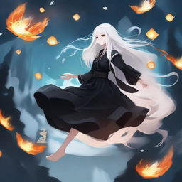 A high-quality digital art image showcasing a white, long-haired girl in a black outfit, floating mid-air