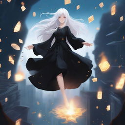 A high-quality digital art image showcasing a white, long-haired girl in a black outfit, floating mid-air