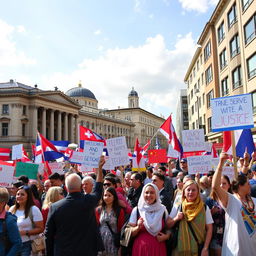 A vibrant street scene in Georgia, depicting the current political atmosphere with people of diverse backgrounds engaging in peaceful protests