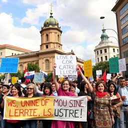 A vibrant street scene in Georgia, depicting the current political atmosphere with people of diverse backgrounds engaging in peaceful protests