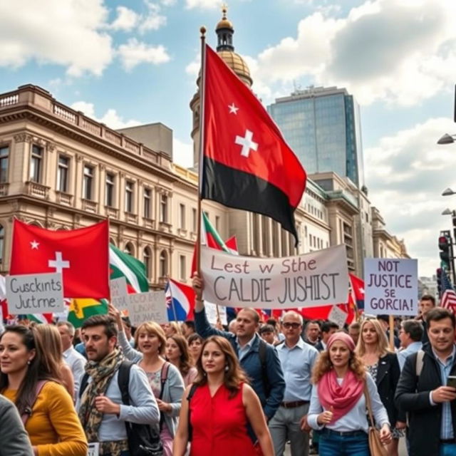 A vibrant street scene in Georgia, depicting the current political atmosphere with people of diverse backgrounds engaging in peaceful protests