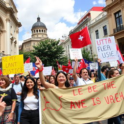 A vibrant street scene in Georgia, depicting the current political atmosphere with people of diverse backgrounds engaging in peaceful protests