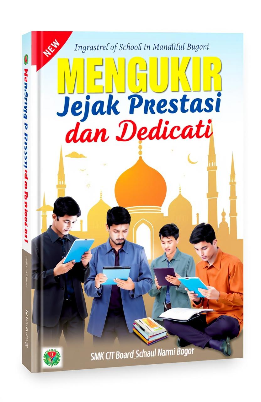 The book cover for 'Mengukir Jejak Prestasi dan Dedicati' features an educational theme that beautifully integrates technology with Islamic values