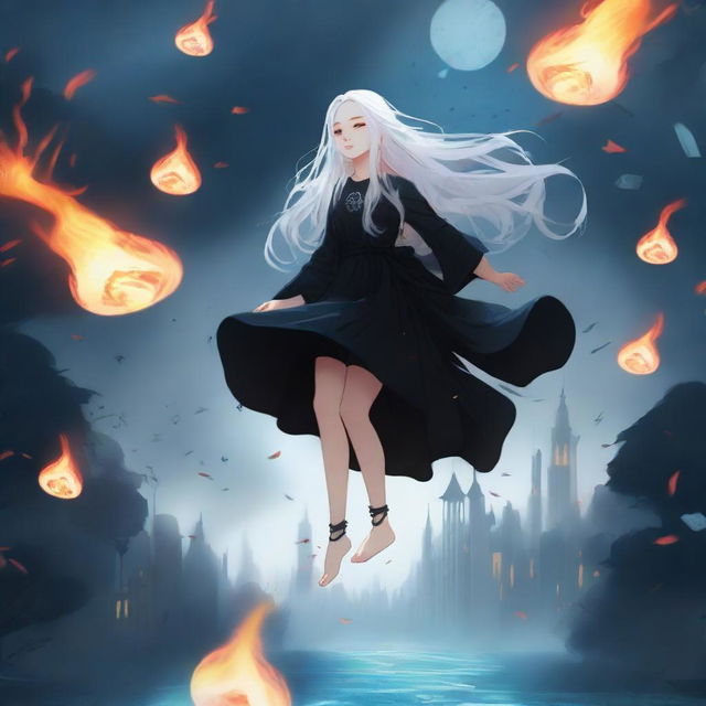 A high-quality digital art image showcasing a white, long-haired girl in a black outfit, floating mid-air