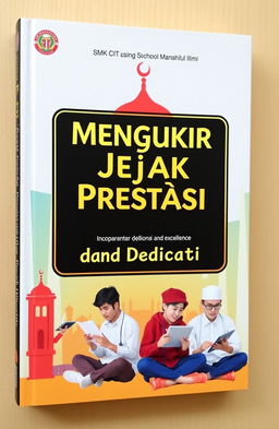 The book cover for 'Mengukir Jejak Prestasi dan Dedicati' features an educational theme that beautifully integrates technology with Islamic values
