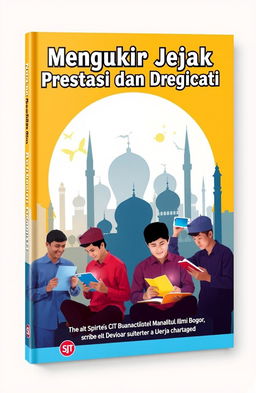The book cover for 'Mengukir Jejak Prestasi dan Dedicati' features an educational theme that beautifully integrates technology with Islamic values