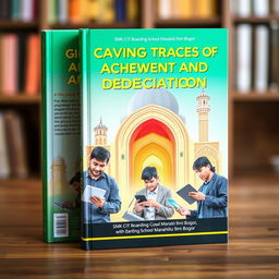 The book cover for 'Carving Traces of Achievement and Dedication' showcases an educational theme that harmoniously blends technology with Islamic values