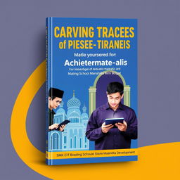 The book cover for 'Carving Traces of Achievement and Dedication' showcases an educational theme that harmoniously blends technology with Islamic values