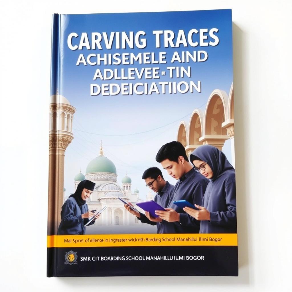 The book cover for 'Carving Traces of Achievement and Dedication' showcases an educational theme that harmoniously blends technology with Islamic values