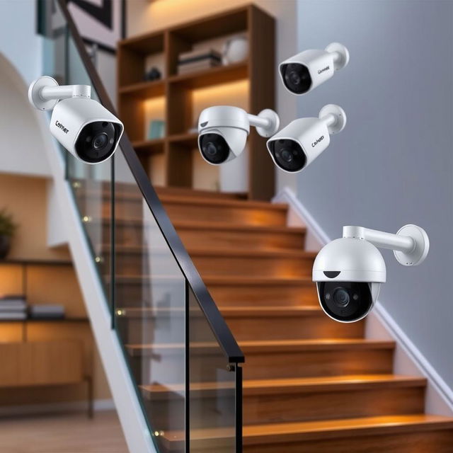 A modern staircase featuring a sleek and innovative camera system, integrated with motion sensors