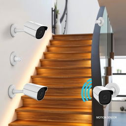 A modern staircase featuring a sleek and innovative camera system, integrated with motion sensors