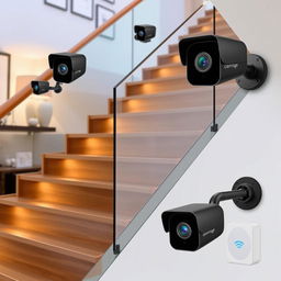 A modern staircase featuring a sleek and innovative camera system, integrated with motion sensors