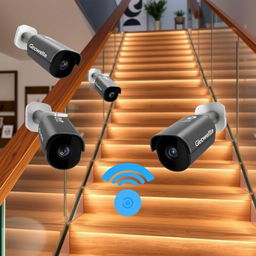 A modern staircase featuring a sleek and innovative camera system, integrated with motion sensors