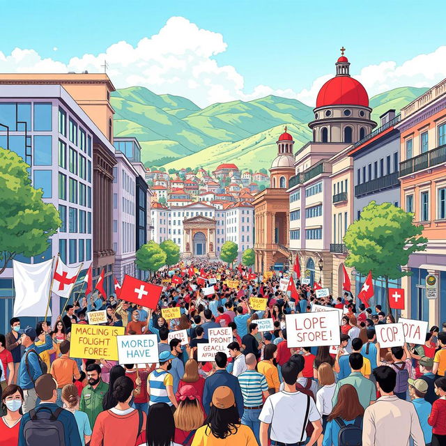 A vibrant and dynamic illustration representing the current socio-political atmosphere in Georgia