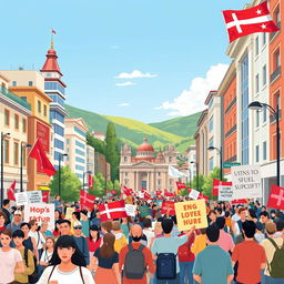 A vibrant and dynamic illustration representing the current socio-political atmosphere in Georgia