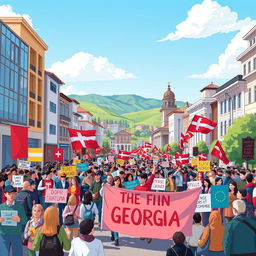 A vibrant and dynamic illustration representing the current socio-political atmosphere in Georgia