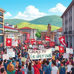 A vibrant and dynamic illustration representing the current socio-political atmosphere in Georgia