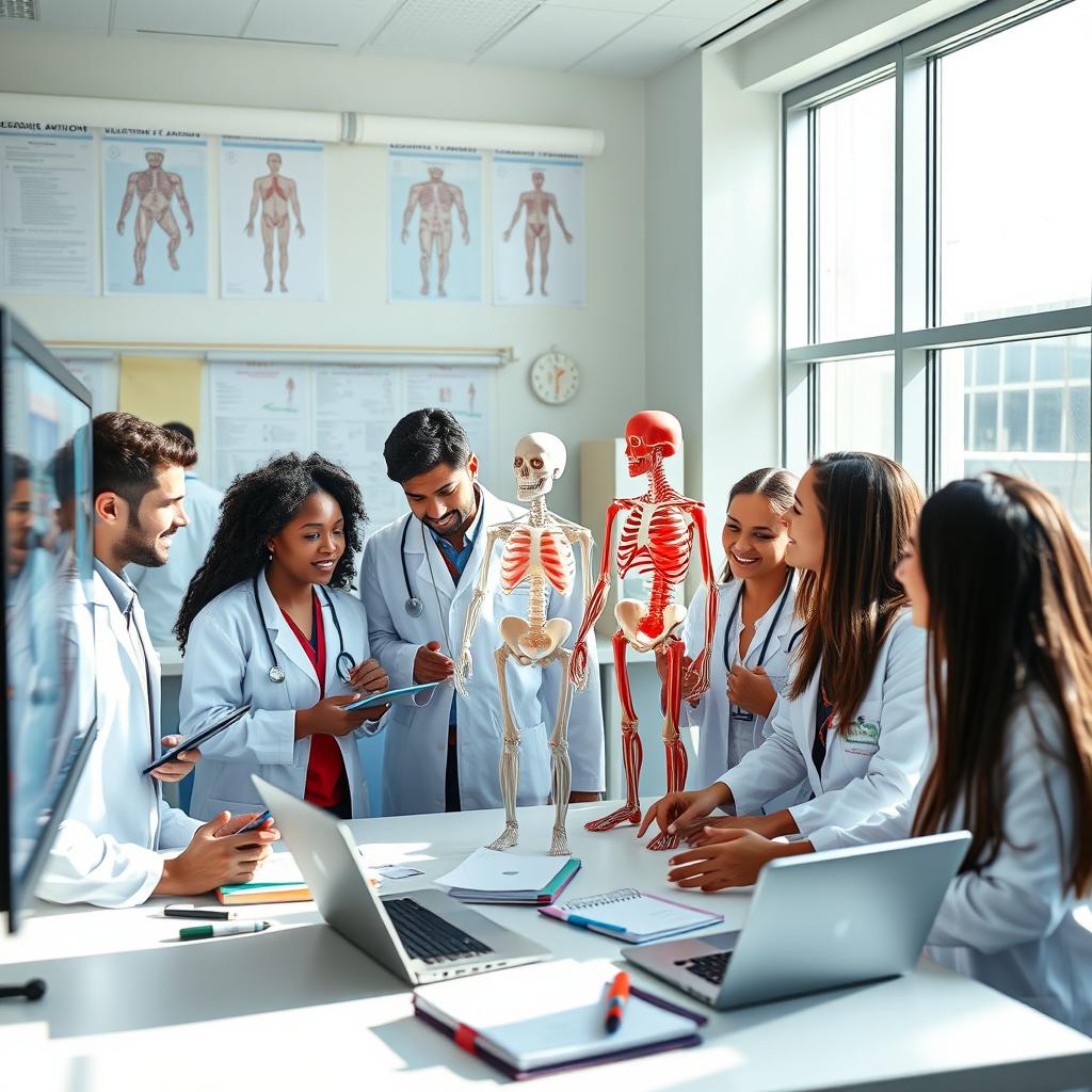 A group of enthusiastic medical students in a bright, modern classroom, studying the human anatomy using advanced 3D models and interactive displays