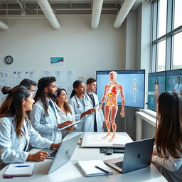 A group of enthusiastic medical students in a bright, modern classroom, studying the human anatomy using advanced 3D models and interactive displays