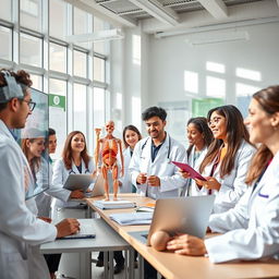A group of enthusiastic medical students in a bright, modern classroom, studying the human anatomy using advanced 3D models and interactive displays