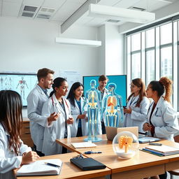 A group of enthusiastic medical students in a bright, modern classroom, studying the human anatomy using advanced 3D models and interactive displays