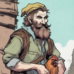 A high-quality comic book style image of a scruffy, homeless bard