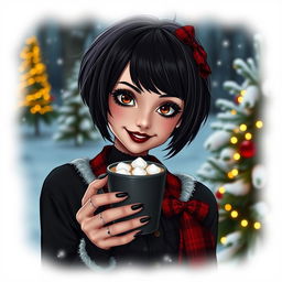 A stylish goth girl with short hair and brown eyes, dressed in a festive yet dark-themed Christmas outfit