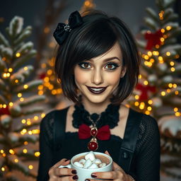 A stylish goth girl with short hair and brown eyes, dressed in a festive yet dark-themed Christmas outfit