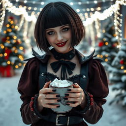 A stylish goth girl with short hair and brown eyes, dressed in a festive yet dark-themed Christmas outfit