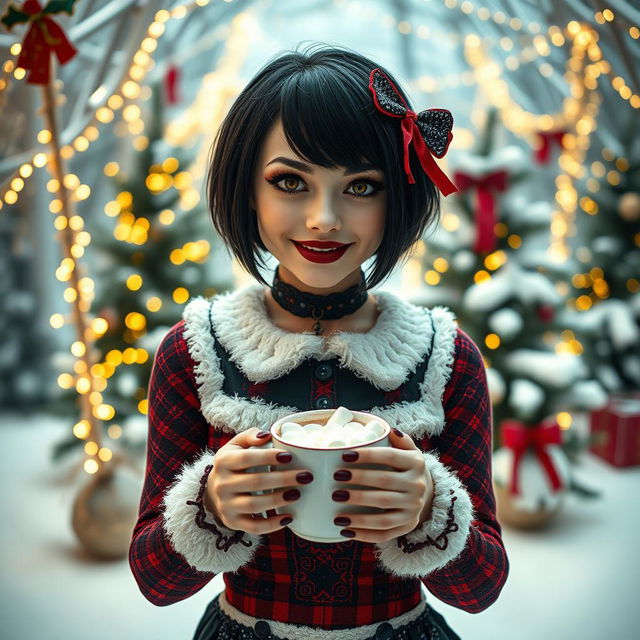 A stylish goth girl with short hair and brown eyes, dressed in a festive yet dark-themed Christmas outfit