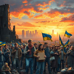 A dramatic and poignant scene depicting the resilience and determination of the Ukrainian people amidst conflict