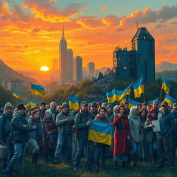 A dramatic and poignant scene depicting the resilience and determination of the Ukrainian people amidst conflict