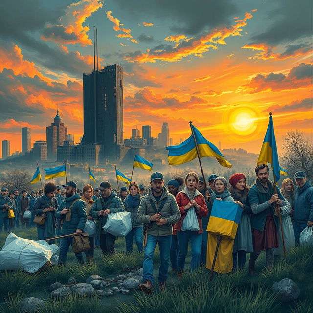 A dramatic and poignant scene depicting the resilience and determination of the Ukrainian people amidst conflict