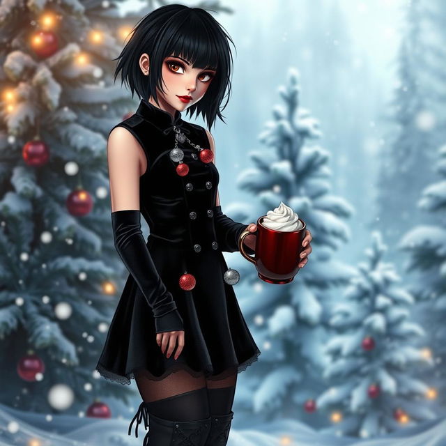 A stylish goth girl with short, edgy black hair and striking brown eyes, dressed in a festive yet dark-themed Christmas outfit