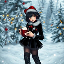 A stylish goth girl with short, edgy black hair and striking brown eyes, dressed in a festive yet dark-themed Christmas outfit