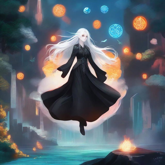 A digital art image of a white long-haired girl dressed in a black outfit, floating mid-air